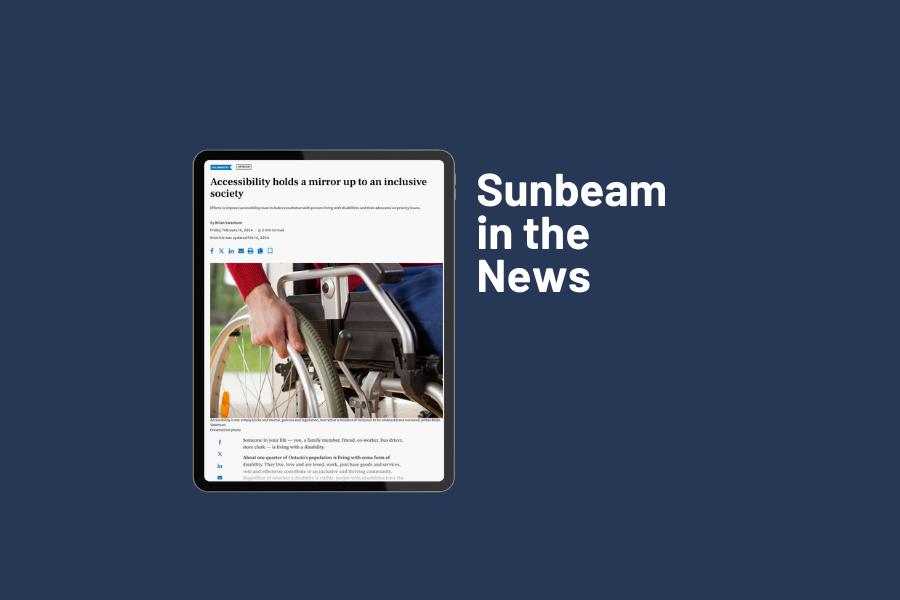 "Sunbeam in the News"text with a tablet showing Sunbeams feature in the news.
