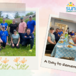 A group of nine people are photographed in two Polaroid photos. Sunbeam Community and Developmental Services blue logo in the top right corner. The text on the right-hand Polaroid reads "A day to remember!" Yellow flowers are on the left-hand Polaroid.