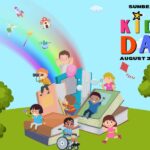 Children sitting on a stack of books with a rainbow coming out and storybook graphics on the rainbow. Sunbeam Kid's Day August 24, 2024