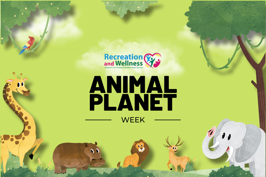 Sunbeam Recreation and Wellness logo. Animal Planet Week Green background with green trees and jungle animals including a parrot, a giraffe, a hippopotamus, a lion, a gazelle, and an elephant surrounding the border.