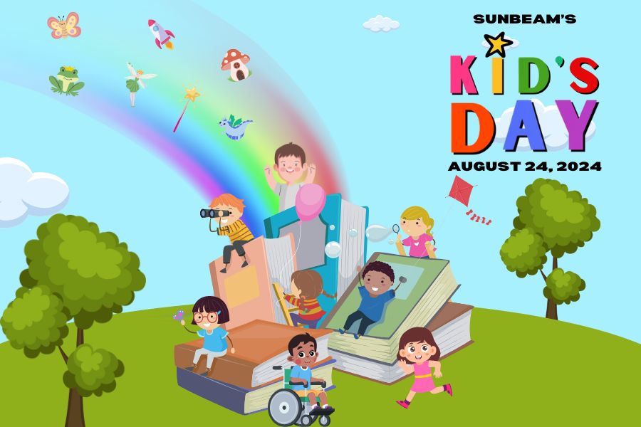 Children sitting on a stack of books with a rainbow coming out and storybook graphics on the rainbow. Sunbeam Kid's Day August 24, 2024