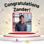 Congratulations Zander Li! Photo of Zander floating on a red podium with a confetti background. France Anne Sweeny and Sunbeam Developmental Resource Centre Logos