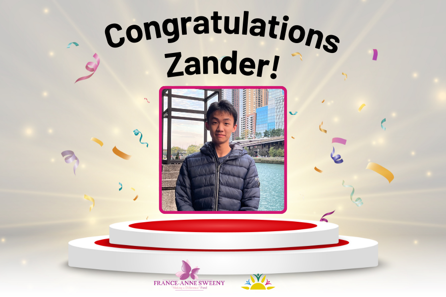 Congratulations Zander Li! Photo of Zander floating on a red podium with a confetti background. France Anne Sweeny and Sunbeam Developmental Resource Centre Logos