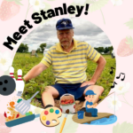 Meet Stanley! Photo of Stanley sitting in a strawberry patch wearing a yellow collared t-shirt with light grey horizontal stripes, navy blue shorts and a navy blue Blue Jays hat with the white bird logo on the front Image icons of a frying pan, bowling ball and pins, paint pallet and brush, man fishing and music notes