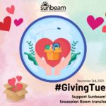 World graphic with hands holding a heart and box full of items to donate. Hearts on a tie-dye background December 3rd 2024 #GivingTuesday Support Sunbeam’s Snoezelen Room transformation!