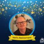 Photo of Neil with text on a yellow banner reading "Neil's Retirement"