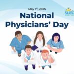 National Physicians' Day in dark blue, light blue and white wavy design in the background, five doctors are in a group looking up. Sunbeam Community and Developmental Services in the top right corner.