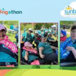 A background with a hill and a path with a tree and a blue sky. Three images of people in green shirts and flower necklaces. Belongathon logo in orange and blue along with the Sunbeam Community and Developmental Services logo.