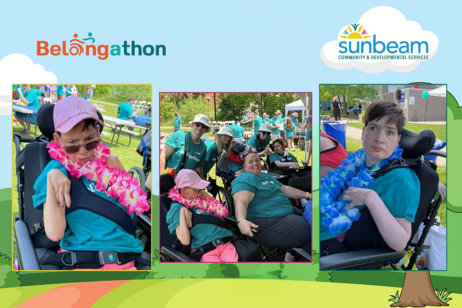 Sunbeam News Website Photos (11) A background with a hill and a path with a tree and a blue sky. Three images of people in green shirts and flower necklaces. Belongathon logo in orange and blue along with the Sunbeam Community and Developmental Services logo.