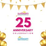 Gold balloons, confetti and party banner surround the text 25 anniversary in pink. Sunbeam Developmental Resource Centre and Sunbeam Community and Developmental Services logos.